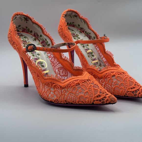 Gucci Shoes - Gucci Virginia Orange Lace Mary Jane Pumps 38 7.5 95mm Crystal Buckle